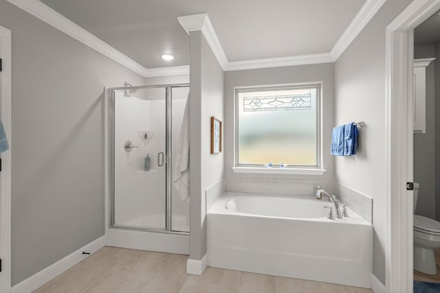 1431 Ari Ave, Centerton, AR 72719 - bathroom featuring a bath, toilet, a stall shower, ornamental molding, and wood finished floors