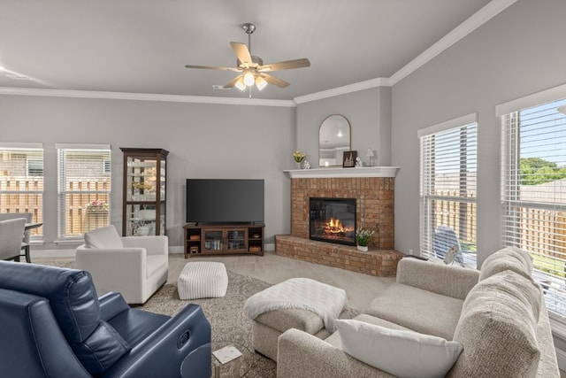 1431 Ari Ave, Centerton, AR 72719 - living room with a ceiling fan, ornamental molding, a fireplace, and baseboards