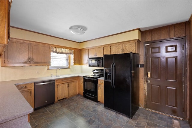 711 W 18th Ter, Russellville, AR 72801 - kitchen with black appliances, a sink, light countertops, stone finish floors, and backsplash