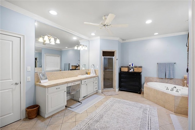 306 Osage Ct, Russellville, AR 72802 - full bath with tile patterned floors, vanity, ornamental molding, a bath, and a stall shower