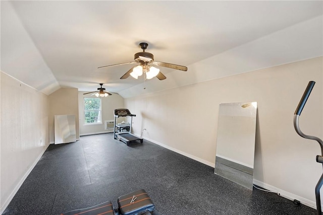 306 Osage Ct, Russellville, AR 72802 - workout room featuring ceiling fan, lofted ceiling, and baseboards