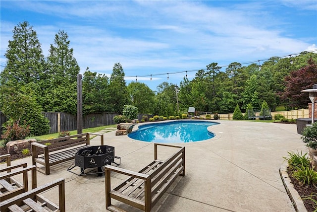 306 Osage Ct, Russellville, AR 72802 - view of swimming pool with a fire pit, a patio area, a fenced backyard, and view of wooded area