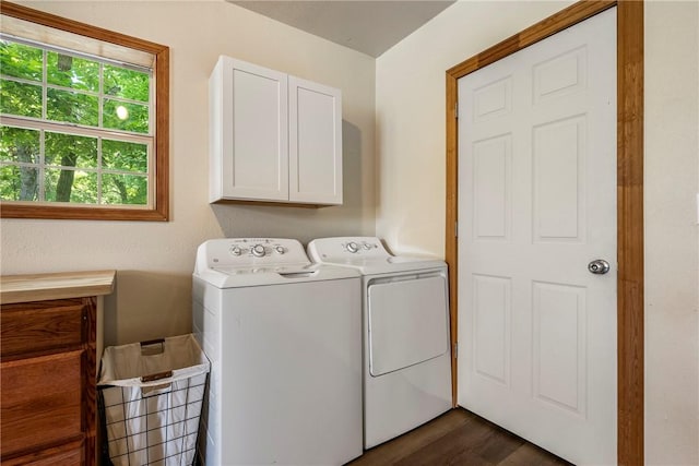 19051 Pinecrest Ln, Rogers, AR 72756 - laundry area featuring washer and clothes dryer, cabinet space, and dark wood-type flooring