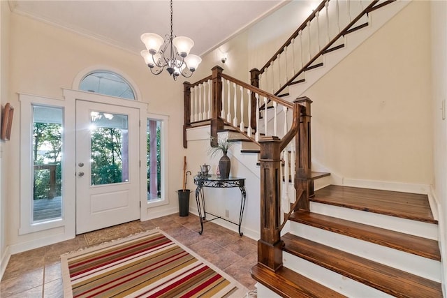 9151 Bay Ridge Ln, Garfield, AR 72732 - entrance foyer with stairs, crown molding, a chandelier, and baseboards
