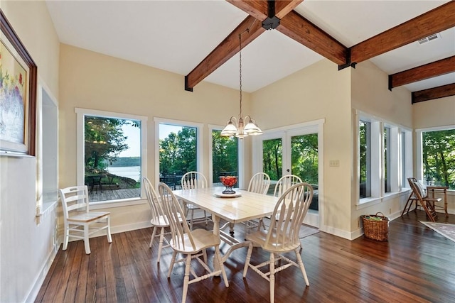 9151 Bay Ridge Ln, Garfield, AR 72732 - dining area featuring baseboards, dark wood-style floors, beamed ceiling, and a chandelier