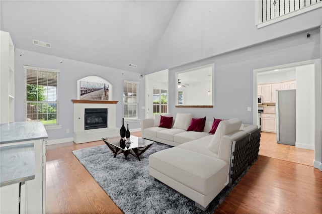 600 Rocky Xing, Fayetteville, AR 72704 - living room with light wood finished floors, plenty of natural light, a glass covered fireplace, high vaulted ceiling, and baseboards