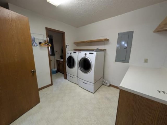 208 Mc 6087, Yellville, AR 72687 - washroom featuring electric panel, washer and dryer, a textured ceiling, light colored carpet, and baseboards