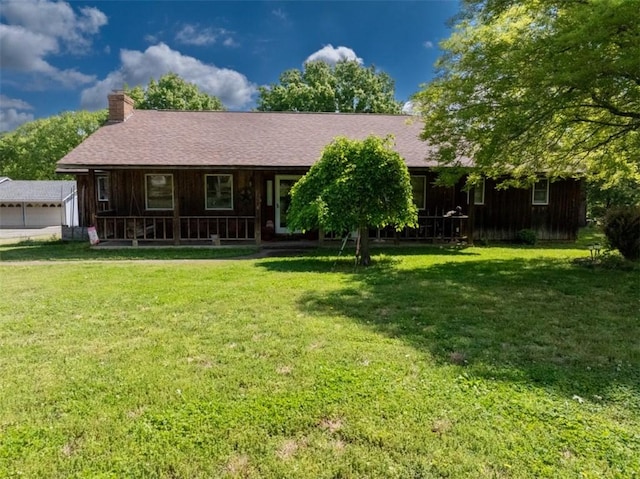 208 Mc 6087, Yellville, AR 72687 - ranch-style house featuring a porch, a chimney, a front yard, and roof with shingles