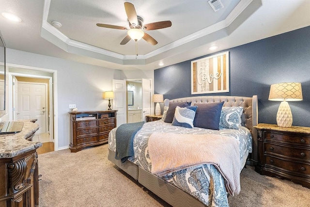 801 SW Castlewood St, Bentonville, AR 72712 - bedroom featuring crown molding, a raised ceiling, light carpet, a ceiling fan, and recessed lighting