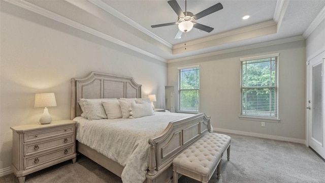 809 Ravine St, Cave Springs, AR 72718 - bedroom with a raised ceiling, carpet floors, ornamental molding, baseboards, and ceiling fan