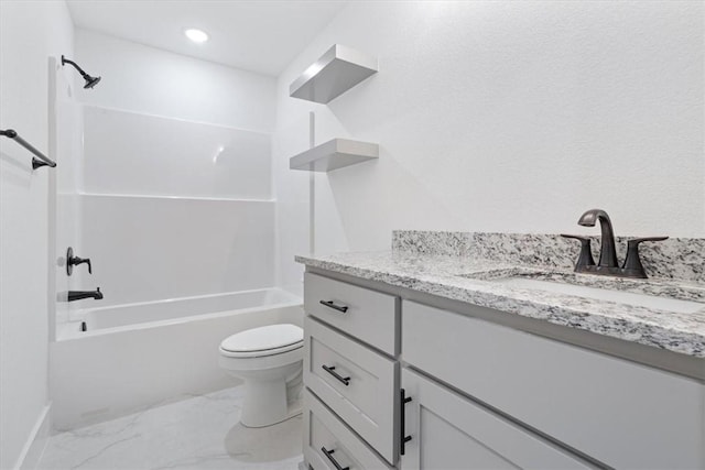 7101 SW Basswood Ave, Bentonville, AR 72713 - full bath with marble finish floors, vanity, toilet, bathtub / shower combination, and baseboards