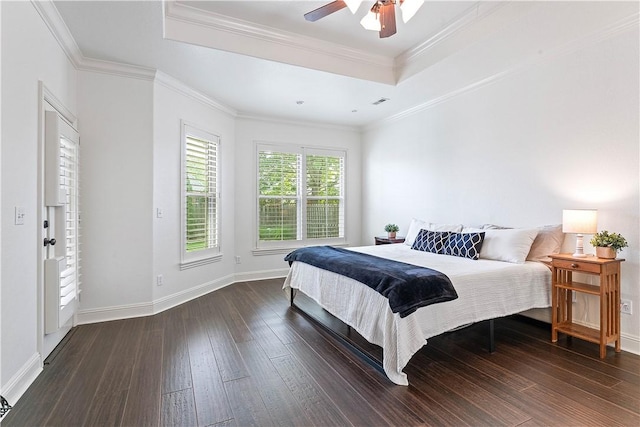6612 W Inverness Dr, Rogers, AR 72758 - bedroom with dark wood-type flooring, baseboards, a raised ceiling, ornamental molding, and a ceiling fan