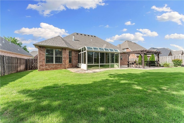 6612 W Inverness Dr, Rogers, AR 72758 - rear view of property with a pergola, a patio, a sunroom, and brick siding