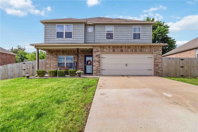 1017 Richland Creek Ave, Elkins, AR 72727 - view of front of house featuring an attached garage, brick siding, driveway, covered porch, and a gate
