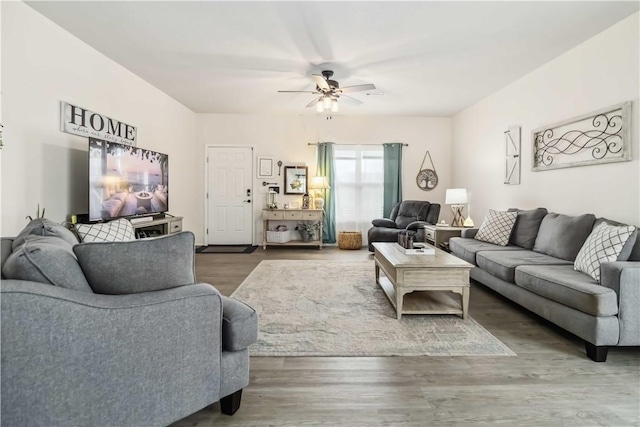 1017 Richland Creek Ave, Elkins, AR 72727 - living room with ceiling fan and wood finished floors