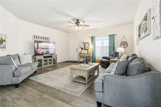 1017 Richland Creek Ave, Elkins, AR 72727 - living room with ceiling fan and wood finished floors