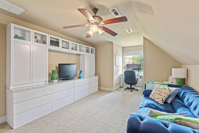 1000 Halifax Pl, Bentonville, AR 72712 - living area featuring an office area, light colored carpet, a ceiling fan, vaulted ceiling, and baseboards