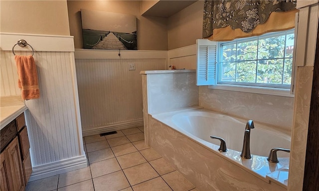 4158 N Rocky Ridge Trl, Rogers, AR 72756 - bathroom with vanity, a garden tub, tile patterned floors, and wainscoting