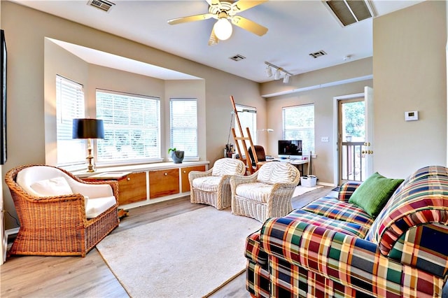 811 E Township St, Fayetteville, AR 72703 - living area featuring light wood finished floors, plenty of natural light, rail lighting, and a ceiling fan