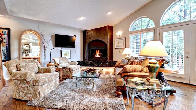 811 E Township St, Fayetteville, AR 72703 - living room featuring hardwood / wood-style floors, lofted ceiling, and a large fireplace