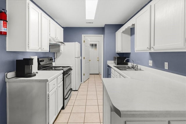 2509 SE 4th St, Bentonville, AR 72712 - kitchen featuring black / electric stove, under cabinet range hood, light countertops, white cabinetry, and a sink