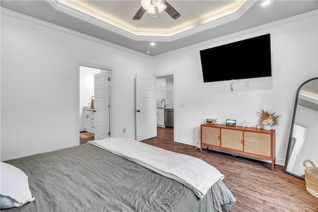 1461 Colonel Mcneil Dr, Prairie Grove, AR 72753 - bedroom with ornamental molding, a raised ceiling, a sink, wood finished floors, and recessed lighting