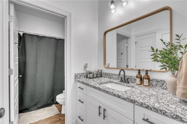1461 Colonel Mcneil Dr, Prairie Grove, AR 72753 - bathroom with wood finished floors, vanity, toilet, and curtained shower