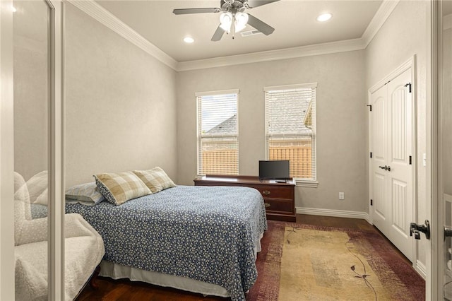 3504 NW Edgewood Ave, Bentonville, AR 72712 - bedroom with ornamental molding, wood finished floors, baseboards, ceiling fan, and recessed lighting
