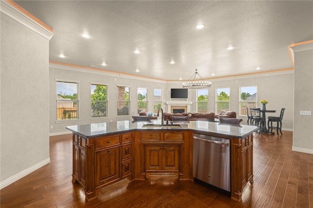 3504 NW Edgewood Ave, Bentonville, AR 72712 - kitchen featuring stainless steel dishwasher, a sink, brown cabinetry, open floor plan, and ornamental molding