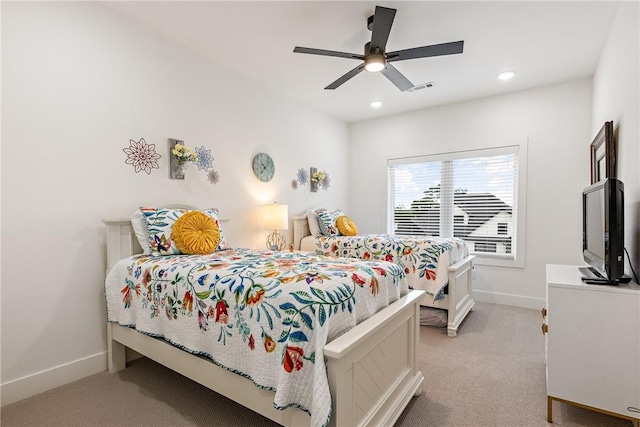 301 SW Autumn Hills Rd, Bentonville, AR 72712 - bedroom with light colored carpet, baseboards, recessed lighting, and ceiling fan