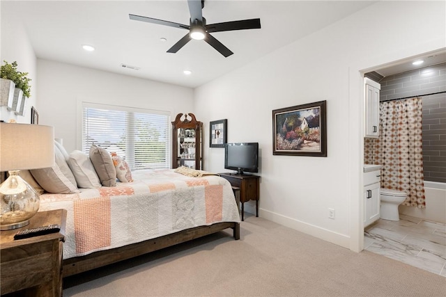 301 SW Autumn Hills Rd, Bentonville, AR 72712 - bedroom featuring recessed lighting, baseboards, connected bathroom, and a ceiling fan