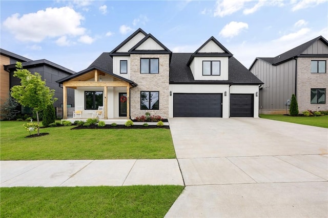 301 SW Autumn Hills Rd, Bentonville, AR 72712 - modern farmhouse style home featuring driveway, a front yard, an attached garage, and a shingled roof