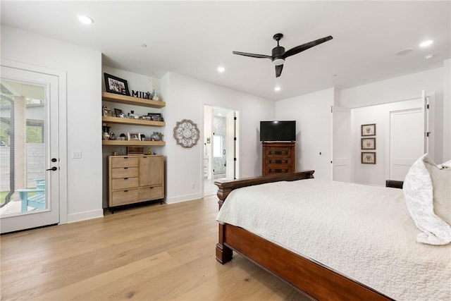 301 SW Autumn Hills Rd, Bentonville, AR 72712 - bedroom with light wood-type flooring, recessed lighting, baseboards, ensuite bath, and a ceiling fan