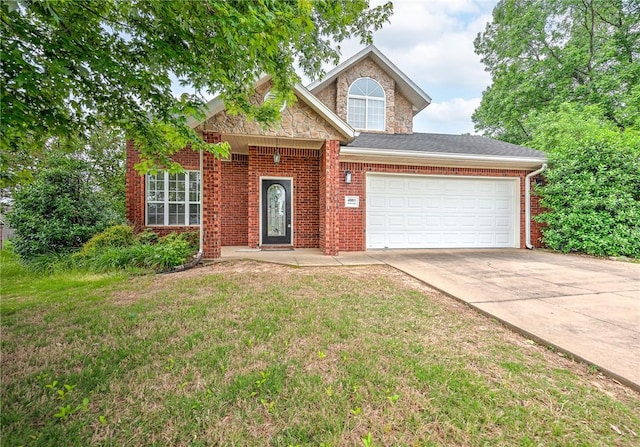 4801 SW Golden Eagle Ave, Bentonville, AR 72713 - traditional home with an attached garage, driveway, a front lawn, and brick siding