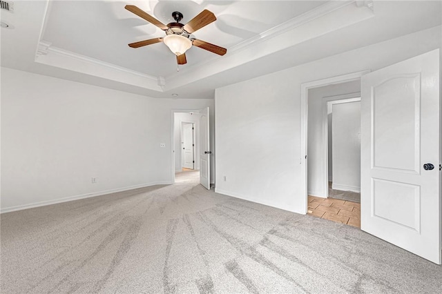 4801 SW Golden Eagle Ave, Bentonville, AR 72713 - unfurnished bedroom featuring crown molding, a raised ceiling, light carpet, baseboards, and ceiling fan
