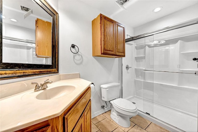 4801 SW Golden Eagle Ave, Bentonville, AR 72713 - bathroom with toilet, a shower stall, vanity, tile patterned floors, and recessed lighting