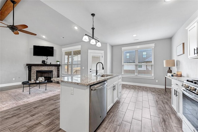 1140 Durante St, Tontitown, AR 72762 - kitchen featuring appliances with stainless steel finishes, a stone fireplace, a sink, wood finish floors, and open floor plan