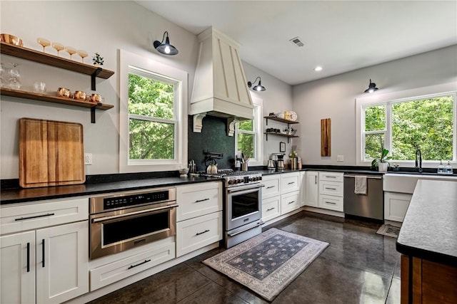 112 E Woodside Ln, Rogers, AR 72756 - kitchen featuring stainless steel appliances, open shelves, custom range hood, a sink, and plenty of natural light