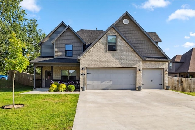 201 Ryder St, Gentry, AR 72734 - craftsman inspired home featuring driveway, a porch, brick siding, an attached garage, and a shingled roof