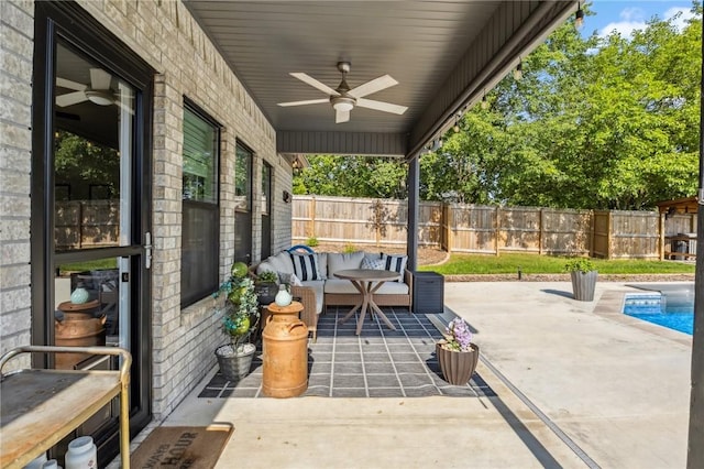201 Ryder St, Gentry, AR 72734 - fenced backyard with a ceiling fan and a patio