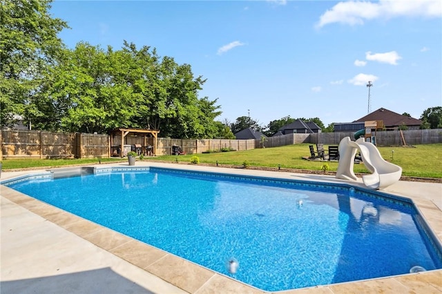 201 Ryder St, Gentry, AR 72734 - view of swimming pool featuring a water slide, a playground, and a patio