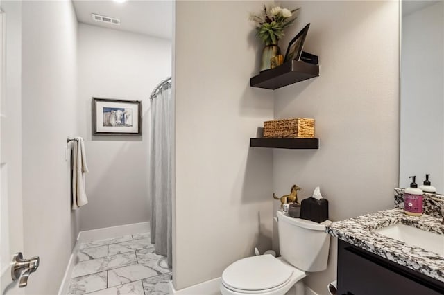 201 Ryder St, Gentry, AR 72734 - full bath featuring marble finish flooring, vanity, toilet, baseboards, and curtained shower