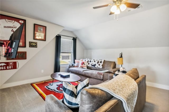 201 Ryder St, Gentry, AR 72734 - living room with carpet, baseboards, ceiling fan, and vaulted ceiling