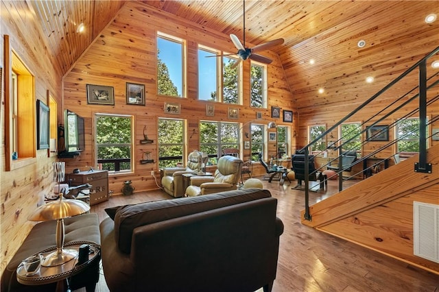 482 County Road 332, Eureka Springs, AR 72632 - living area featuring wood ceiling, high vaulted ceiling, wooden walls, healthy amount of natural light, and stairway