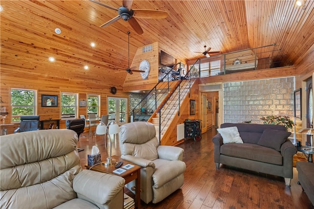 482 County Road 332, Eureka Springs, AR 72632 - living room with ceiling fan, wooden ceiling, hardwood / wood-style flooring, a high ceiling, and stairway