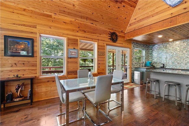 482 County Road 332, Eureka Springs, AR 72632 - dining room featuring french doors, wooden walls, dark wood finished floors, and wooden ceiling