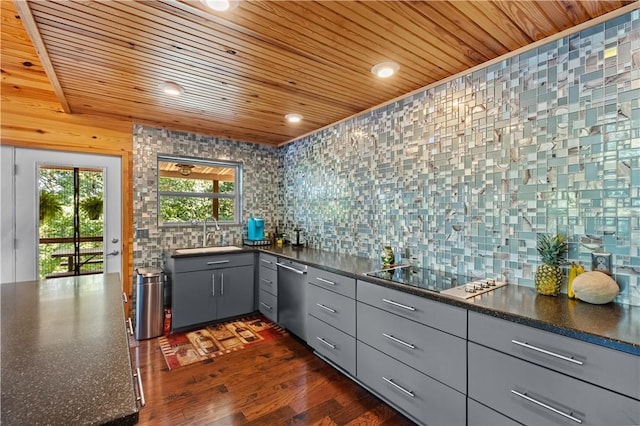 482 County Road 332, Eureka Springs, AR 72632 - kitchen with gray cabinets, dishwasher, wooden ceiling, a sink, and black electric stovetop