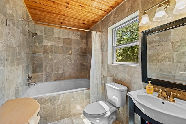 482 County Road 332, Eureka Springs, AR 72632 - full bath with toilet, wood ceiling, tile walls, tiled shower / bath combo, and vanity