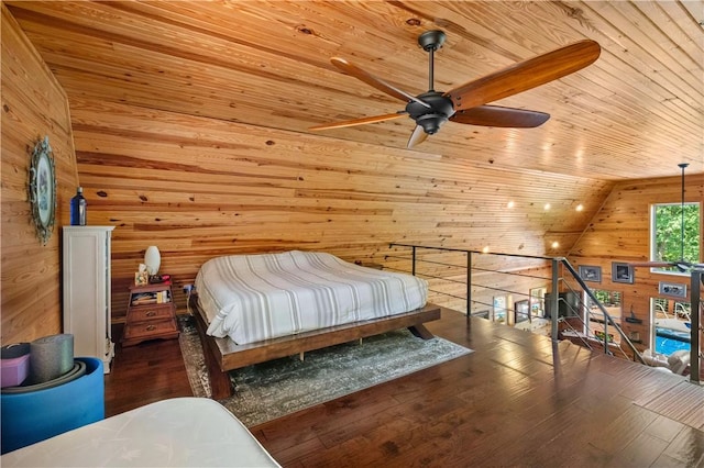 482 County Road 332, Eureka Springs, AR 72632 - bedroom featuring wooden walls, wood ceiling, wood-type flooring, and vaulted ceiling