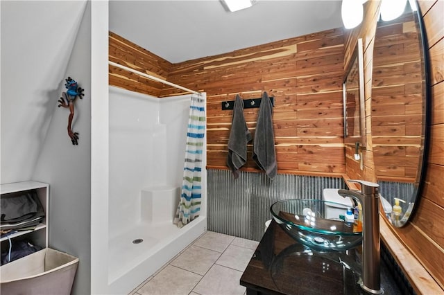 482 County Road 332, Eureka Springs, AR 72632 - bathroom with wood walls, a shower stall, tile patterned flooring, and vanity